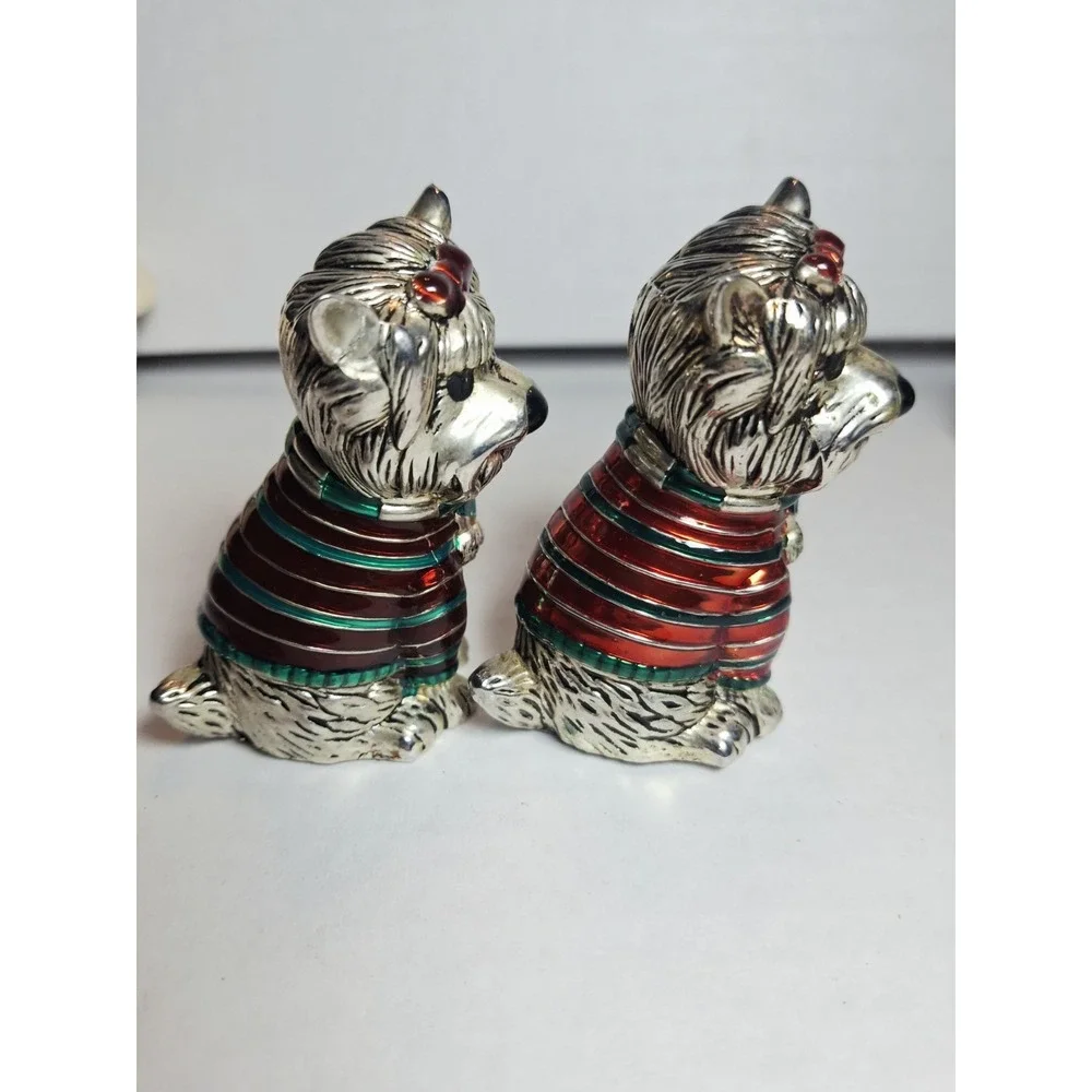 Yorkie Dogs Silver Metal Salt Pepper Shakers Green Red Enamel Sweaters Yorkshire